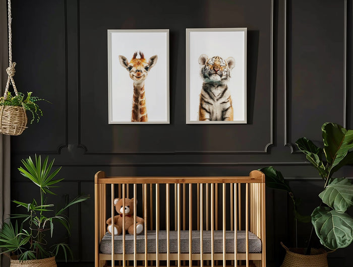 Nursery room with wooden crib, teddy bear, and framed animal prints on a dark wall.